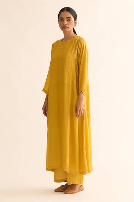 Buy_Dot_Yellow Cotton, Silk Embroidery Round Neck Yoke Kurta And Pant Set _Online_at_Aza_Fashions