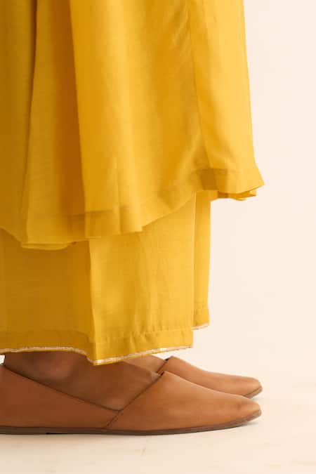 Shop_Dot_Yellow Cotton, Silk Embroidery Round Neck Yoke Kurta And Pant Set _Online_at_Aza_Fashions