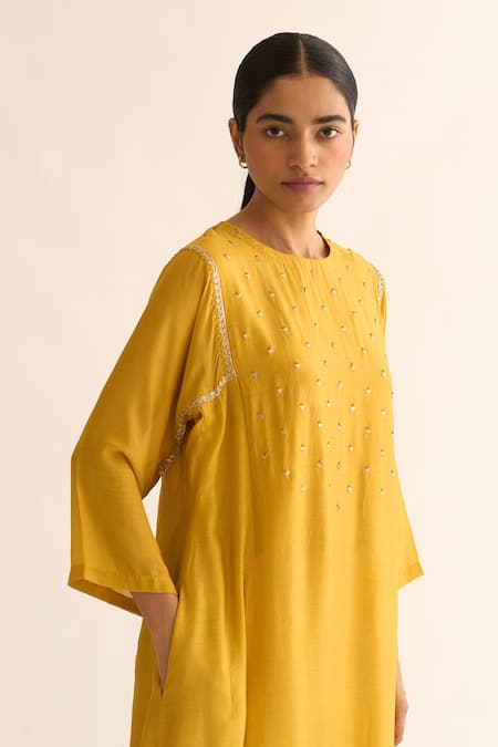 Dot_Yellow Cotton, Silk Embroidery Round Neck Yoke Kurta And Pant Set _at_Aza_Fashions