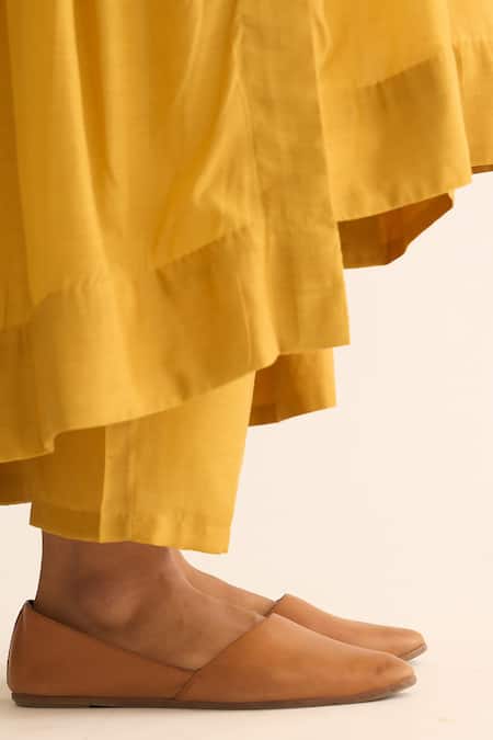 Shop_Dot_Yellow Cotton, Silk, Organza Embroidery, Tassels Avani Back Gathered Kurta Set _Online_at_Aza_Fashions