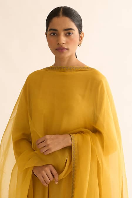 Dot_Yellow Cotton, Silk, Organza Embroidery, Tassels Avani Back Gathered Kurta Set _at_Aza_Fashions