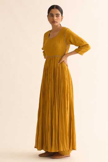 Dot_Yellow Cotton Embroidery, Zari Round Neck Ojas Pleated Anarkali And Pant Set _Online_at_Aza_Fashions