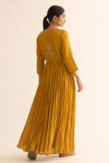 Buy_Dot_Yellow Cotton Embroidery, Zari Round Neck Ojas Pleated Anarkali And Pant Set _Online_at_Aza_Fashions