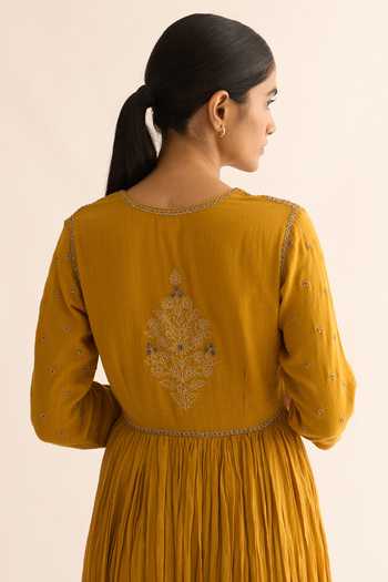 Shop_Dot_Yellow Cotton Embroidery, Zari Round Neck Ojas Pleated Anarkali And Pant Set _Online_at_Aza_Fashions
