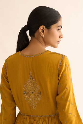 Dot_Yellow Cotton Embroidery, Zari Round Neck Ojas Pleated Anarkali And Pant Set _at_Aza_Fashions