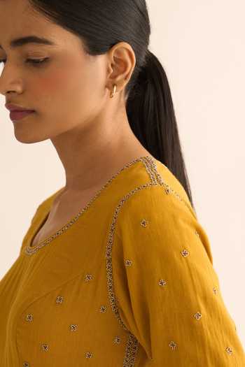 Buy_Dot_Yellow Cotton Embroidery, Zari Round Neck Ojas Pleated Anarkali And Pant Set 