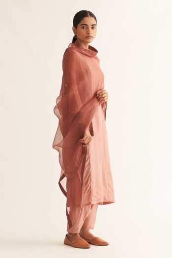 Shop_Dot_Pink Cotton, Silk, Organza Lace, Piping, Embroidery Opal Kurta Set With Dupatta _Online_at_Aza_Fashions