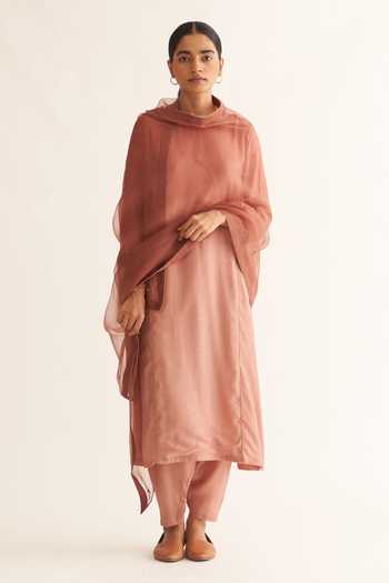 Buy_Dot_Pink Cotton, Silk, Organza Lace, Piping, Embroidery Opal Kurta Set With Dupatta 