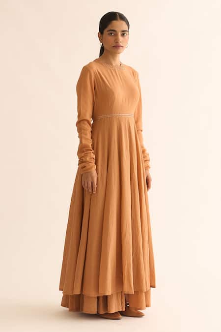 Shop Dot Orange Cotton, Chanderi Embroidery Round Neck Rust Hand Anarkali Set Online at Aza Fashions Shop_Dot_Orange Cotton, Chanderi Embroidery Round Neck Rust Hand Anarkali Set _Online_at_Aza_Fashions