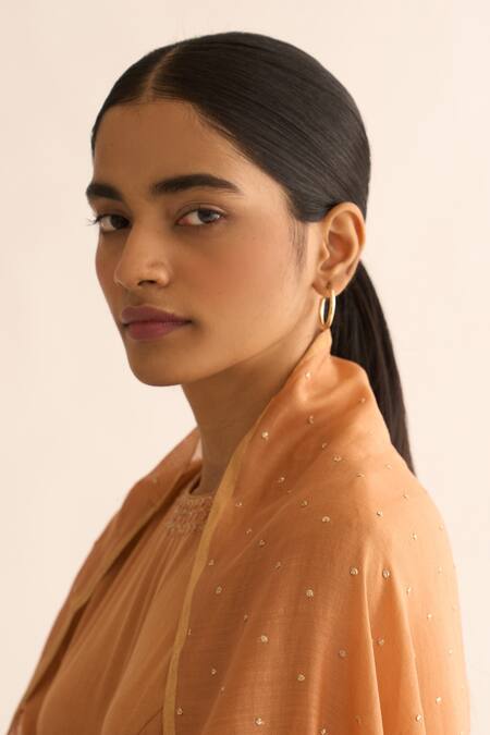 Dot Orange Cotton, Chanderi Embroidery Round Neck Rust Hand Anarkali Set at Aza Fashions Dot_Orange Cotton, Chanderi Embroidery Round Neck Rust Hand Anarkali Set _at_Aza_Fashions