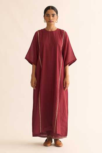 Dot_Wine Cotton Embroidery Round Neck Albela Kurta And Pant Set _Online_at_Aza_Fashions