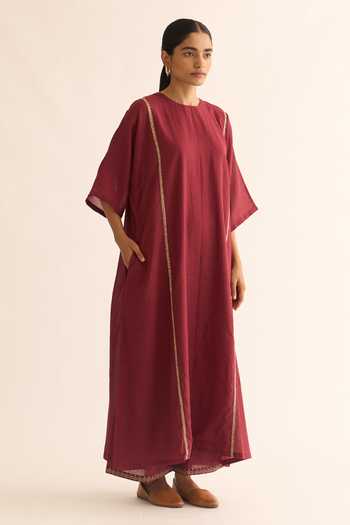 Buy_Dot_Wine Cotton Embroidery Round Neck Albela Kurta And Pant Set _Online_at_Aza_Fashions