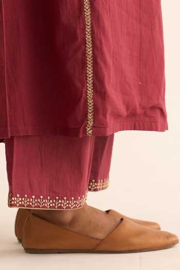 Shop_Dot_Wine Cotton Embroidery Round Neck Albela Kurta And Pant Set _Online_at_Aza_Fashions