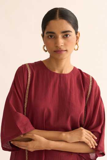 Dot_Wine Cotton Embroidery Round Neck Albela Kurta And Pant Set _at_Aza_Fashions