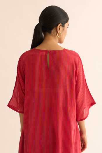 Buy_Dot_Red Cotton Round Neck Stripe Pattern Kurta And Pant Set 