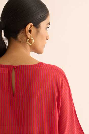 Shop_Dot_Red Cotton Round Neck Stripe Pattern Kurta And Pant Set 