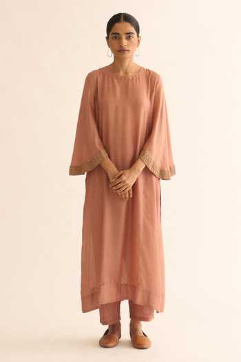 Dot_Pink Cotton, Silk Embroidery Round Neck Zari Hand Kurta And Pant Set _Online_at_Aza_Fashions