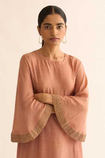 Shop_Dot_Pink Cotton, Silk Embroidery Round Neck Zari Hand Kurta And Pant Set _Online_at_Aza_Fashions