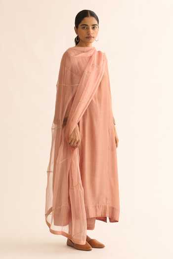 Dot_Pink Cotton, Silk Embroidery Round Neck Zari Hand Kurta And Pant Set _at_Aza_Fashions