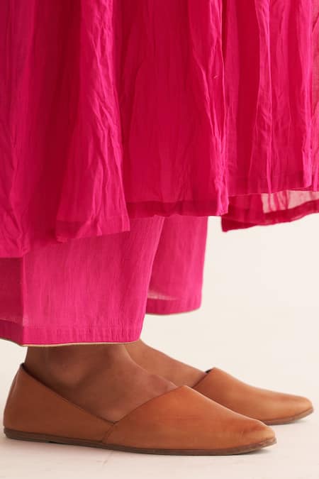 Dot_Pink Cotton Embroidery V-neck Mrinal Pleated Kurta And Pant Set _at_Aza_Fashions