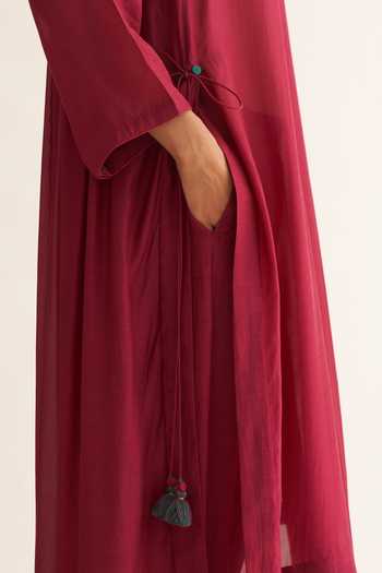 Dot_Pink Cotton, Silk Embroidery Round Neck Soma Back Gathered Kurta And Pant Set _at_Aza_Fashions