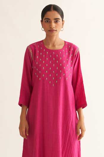 Shop_Dot_Pink Chanderi Embroidery Round Neck Osha Chak Bagla Kurta And Pant Set _Online_at_Aza_Fashions