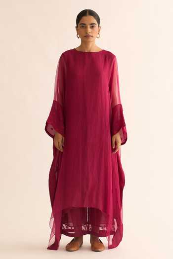 Dot_Pink Organza, Cotton, Silk Embroidery Boat Neck Placement Kaftan And Pant Set _Online_at_Aza_Fashions