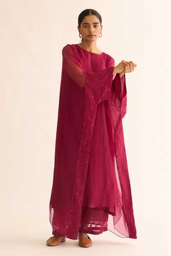 Buy_Dot_Pink Organza, Cotton, Silk Embroidery Boat Neck Placement Kaftan And Pant Set _Online_at_Aza_Fashions