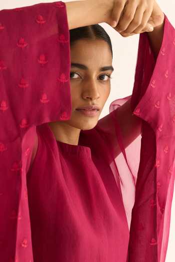Shop_Dot_Pink Organza, Cotton, Silk Embroidery Boat Neck Placement Kaftan And Pant Set _Online_at_Aza_Fashions