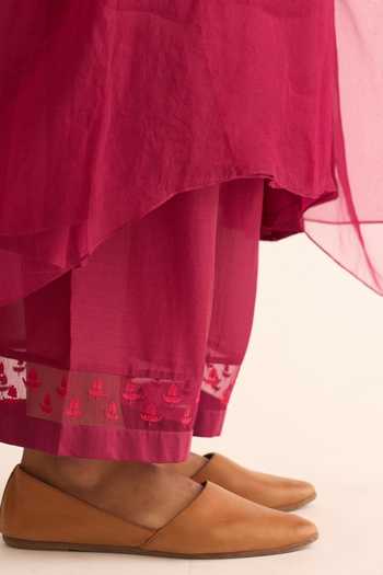 Dot_Pink Organza, Cotton, Silk Embroidery Boat Neck Placement Kaftan And Pant Set _at_Aza_Fashions