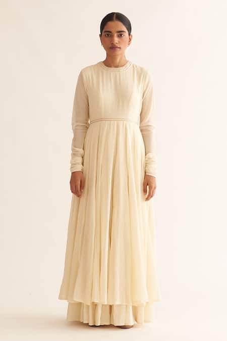 Dot Ivory Cotton, Chanderi Embroidery Round Neck Resham Anarkali Set Online at Aza Fashions Dot_Ivory Cotton, Chanderi Embroidery Round Neck Resham Anarkali Set _Online_at_Aza_Fashions