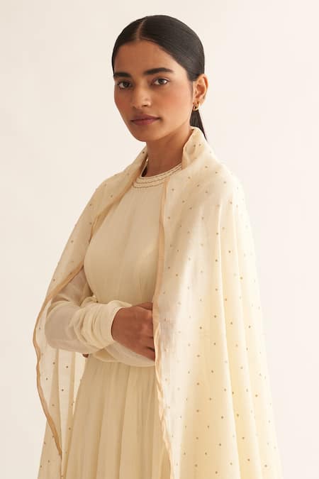 Dot Ivory Cotton, Chanderi Embroidery Round Neck Resham Anarkali Set at Aza Fashions Dot_Ivory Cotton, Chanderi Embroidery Round Neck Resham Anarkali Set _at_Aza_Fashions