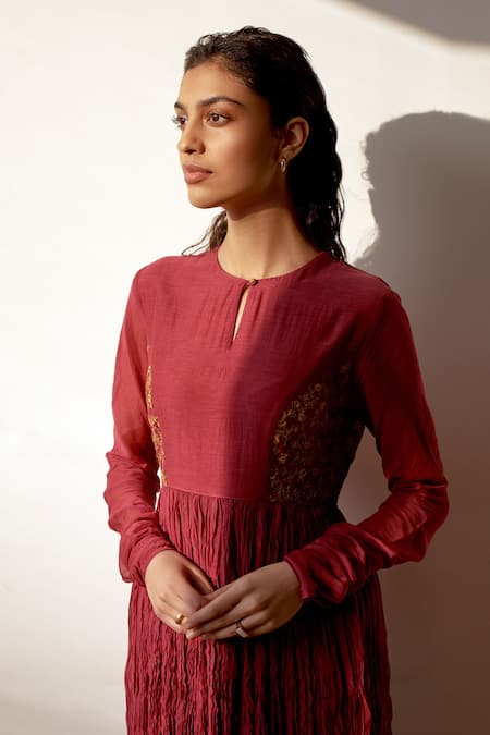 Dot_Pink Chanderi Embroidery Round Neck Hand Ghoomar Anarkali _Online_at_Aza_Fashions