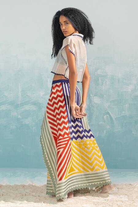 Ikai By Ragini Ahuja_Beige Cotton, Silk Applique Draped Panel Skirt_Online_at_Aza_Fashions