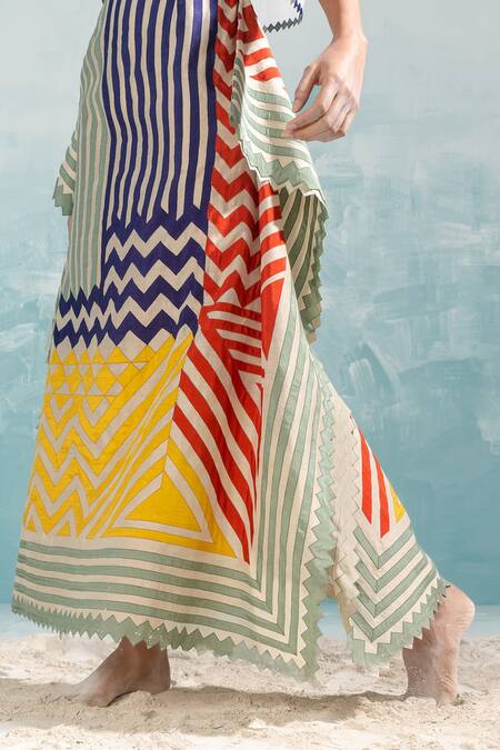 Buy_Ikai By Ragini Ahuja_Beige Cotton, Silk Applique Draped Panel Skirt_Online_at_Aza_Fashions