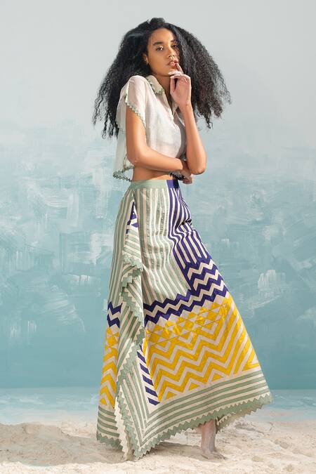 Shop_Ikai By Ragini Ahuja_Beige Cotton, Silk Applique Draped Panel Skirt_Online_at_Aza_Fashions