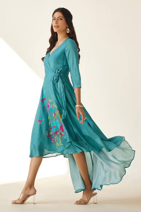 Buy_Koashee By Shubitaa_Blue Silk Embroidery V-neck High Low Wrap Dress _Online_at_Aza_Fashions