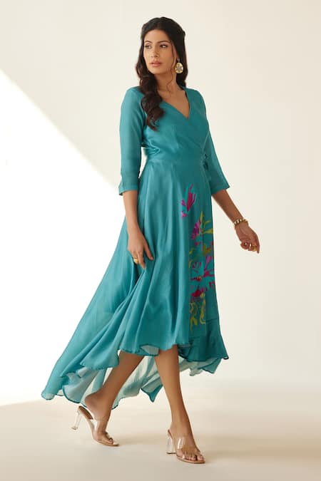 Shop_Koashee By Shubitaa_Blue Silk Embroidery V-neck High Low Wrap Dress _Online_at_Aza_Fashions