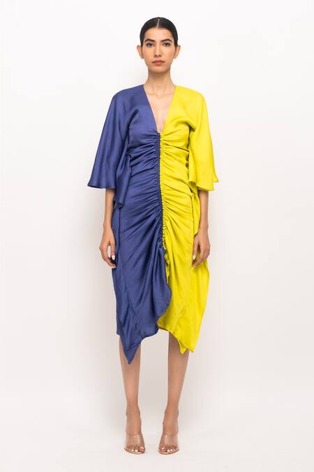 Neora By Nehal Chopra_Blue V-neck Kaftan Bodycon Dress _Online_at_Aza_Fashions
