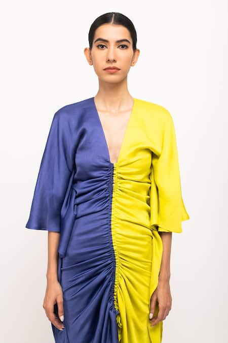 Shop_Neora By Nehal Chopra_Blue V-neck Kaftan Bodycon Dress _Online_at_Aza_Fashions