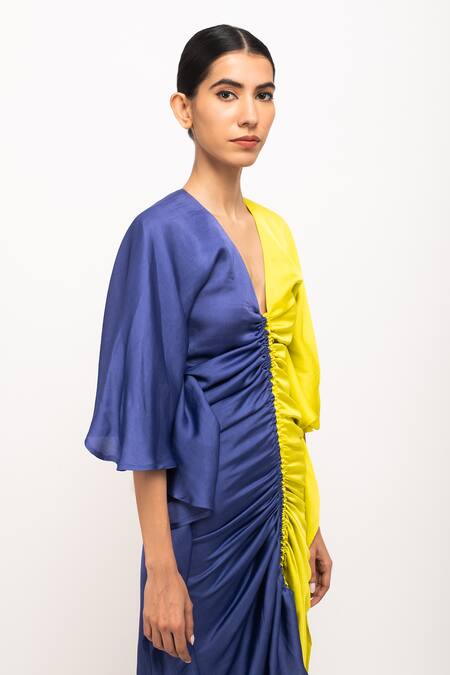 Neora By Nehal Chopra_Blue V-neck Kaftan Bodycon Dress _at_Aza_Fashions