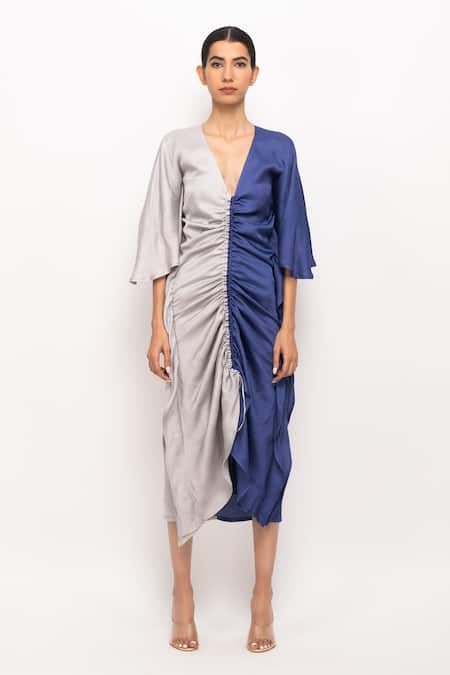 Neora By Nehal Chopra_Blue V-neck Solid Kaftan Bodycon Dress _Online_at_Aza_Fashions