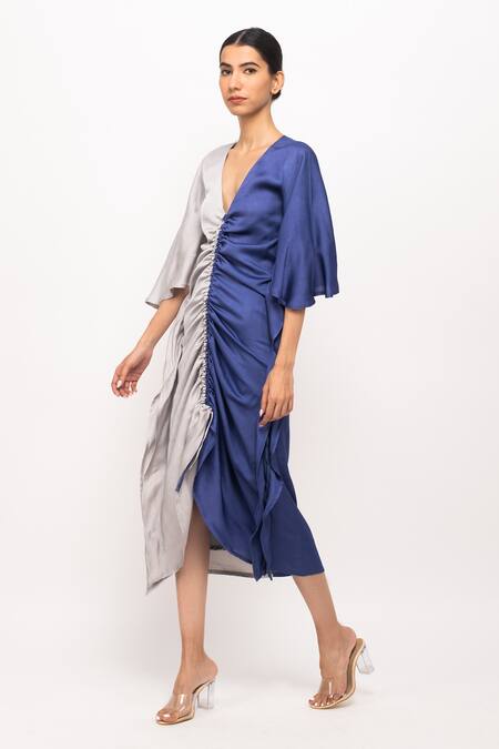 Buy_Neora By Nehal Chopra_Blue V-neck Solid Kaftan Bodycon Dress _Online_at_Aza_Fashions