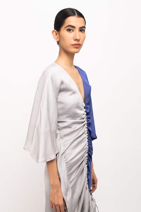 Shop_Neora By Nehal Chopra_Blue V-neck Solid Kaftan Bodycon Dress _Online_at_Aza_Fashions