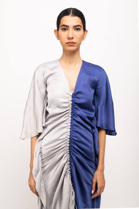 Neora By Nehal Chopra_Blue V-neck Solid Kaftan Bodycon Dress _at_Aza_Fashions