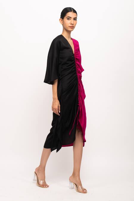 Buy_Neora By Nehal Chopra_Wine Silk V-neck Kaftan Bodycon Dress _Online_at_Aza_Fashions