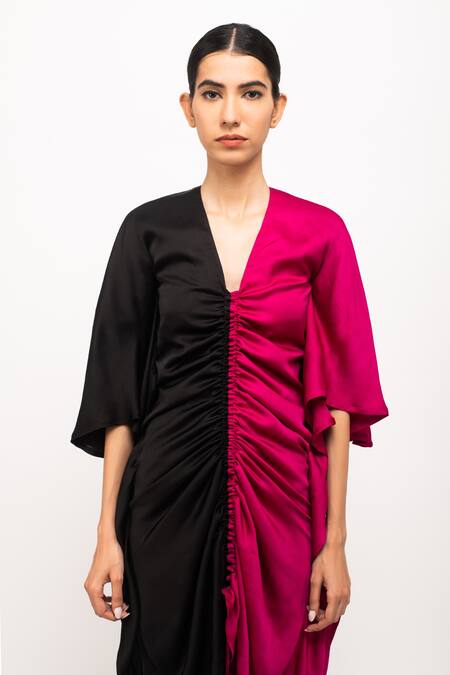 Shop_Neora By Nehal Chopra_Wine Silk V-neck Kaftan Bodycon Dress _Online_at_Aza_Fashions