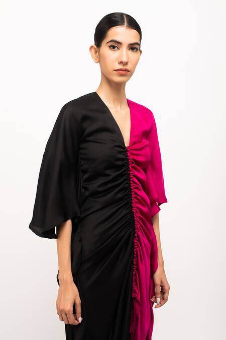 Neora By Nehal Chopra_Wine Silk V-neck Kaftan Bodycon Dress _at_Aza_Fashions