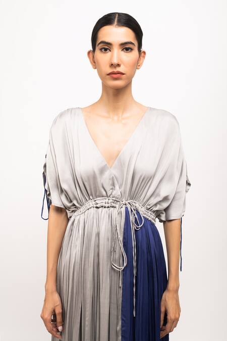 Shop_Neora By Nehal Chopra_Grey V-neck Colorblock Asymmetrical Angrakha Dress _Online_at_Aza_Fashions