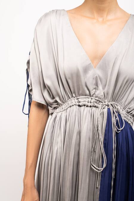 Neora By Nehal Chopra_Grey V-neck Colorblock Asymmetrical Angrakha Dress _at_Aza_Fashions